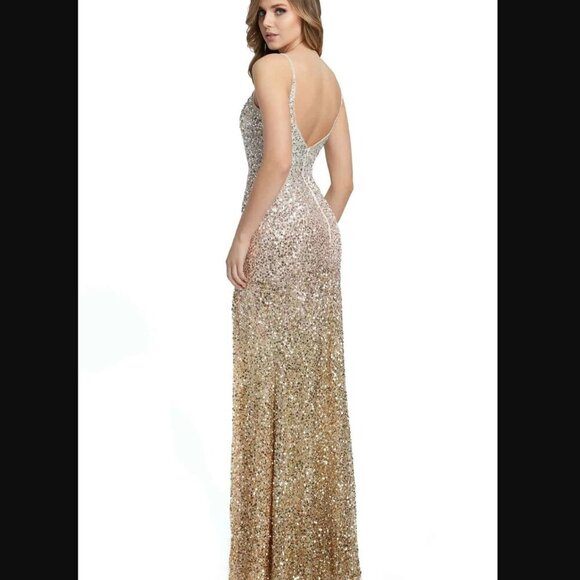 NWT MACDUGGAL NUDE GOLD OMBRE SEQUIN SLIP GOWN SIDE SLIT 5064 SIZE 2 $338 - Picture 3 of 12